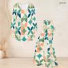 Women Plus Size V Neck Three Quarter Sleeve Printed Flared Top And Flared Pants Two Piece Set