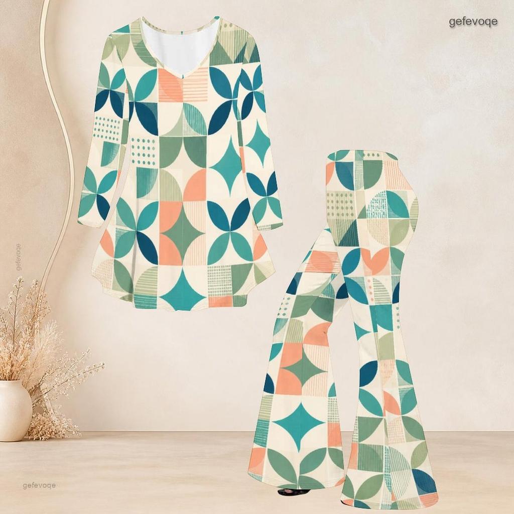 Women Plus Size V Neck Three Quarter Sleeve Printed Flared Top And Flared Pants Two Piece Set