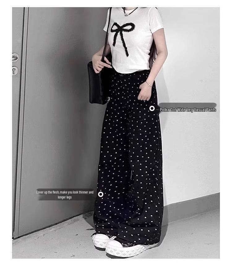 Pear-Shaped High-Waist Plus Size Black Polka Dot Wide-Leg Pants for Women - Spring/Summer Casual Slimming Design