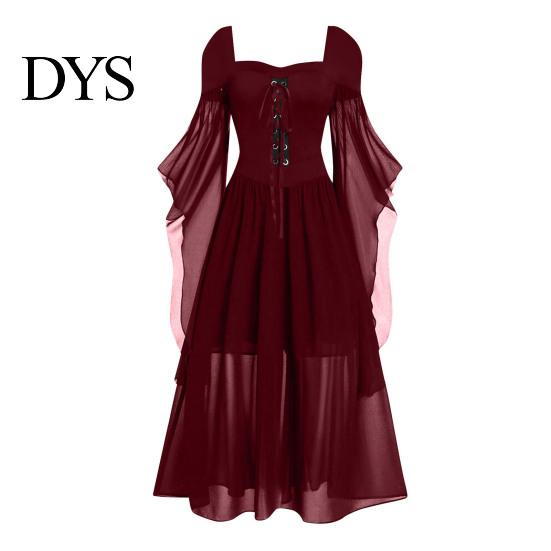 Wave Collar Dress Vinatge Women Irregular Horn Sleeve Solid Color A-line Big Hem Slim Square Neckline Waist Pleated Lace-up Strap Medieval Halloween