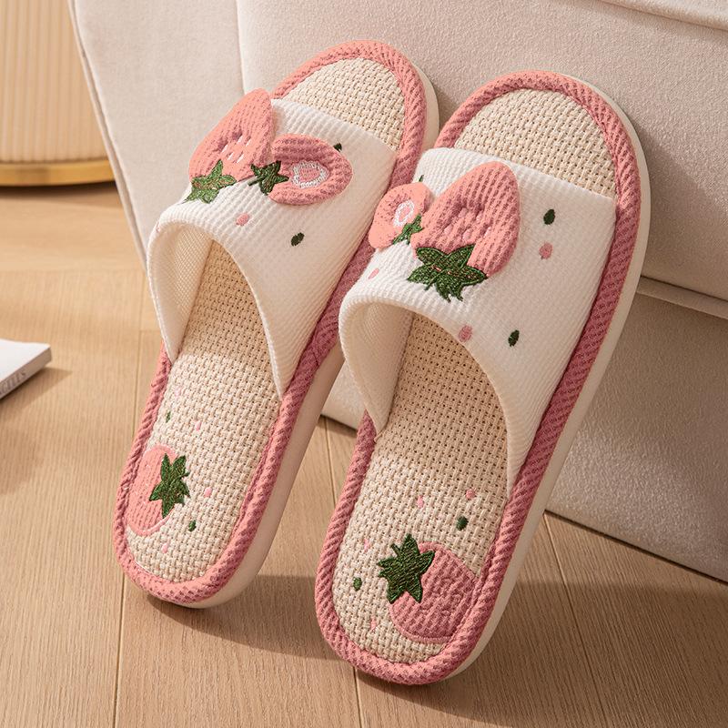 Cute Strawberry Pattern Linen Slippers, Open Toe Breathable Soft Sole Flat Shoes, Comfy Indoor Floor Slippers