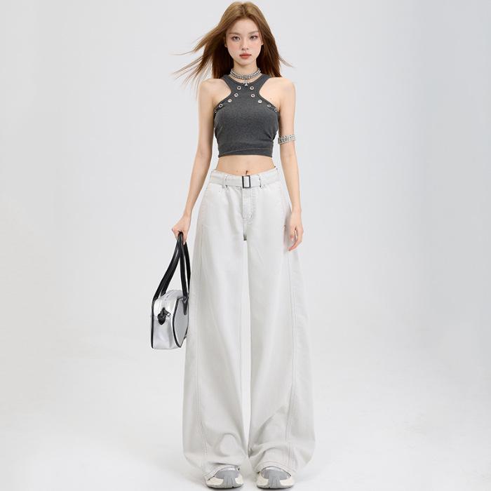 Women's American Loose Jeans: Autumn Belted Design, Slimming Straight-Leg, Wide-Leg Floor-Length Pants