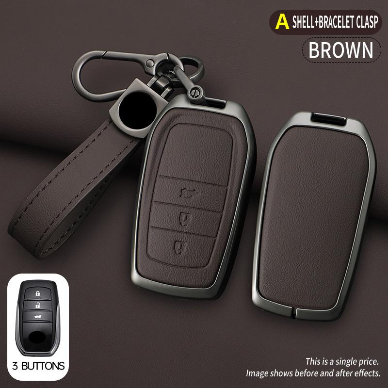Car Zinc Alloy Leather Key Cases Holder Cover Chain For Toyota Prado Land Cruiser Camry CHR RAV4 3Buttons Protective Shell Bag