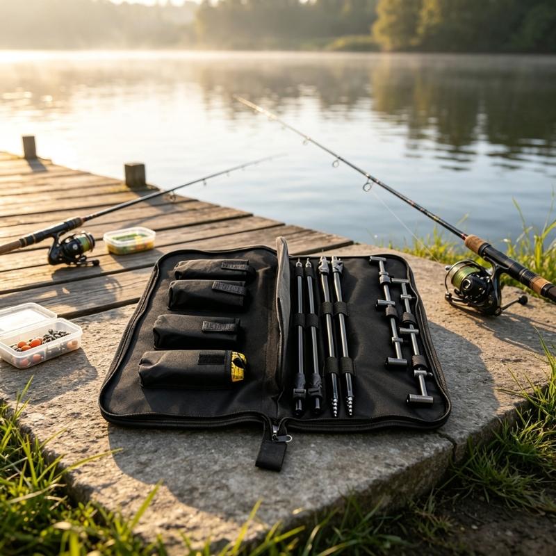 Oxford Cloth Fishing Bites Alarm Carrying Case, Foldable Bankstick Organizers with Four Internal Sleeves and Strap for Separated Tackle Storage