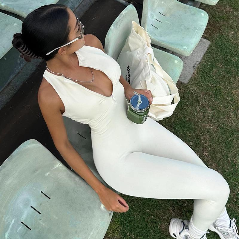 Stylish European & American Women's Sports Zipper Patchwork Yoga Jumpsuit with Cutout Back
