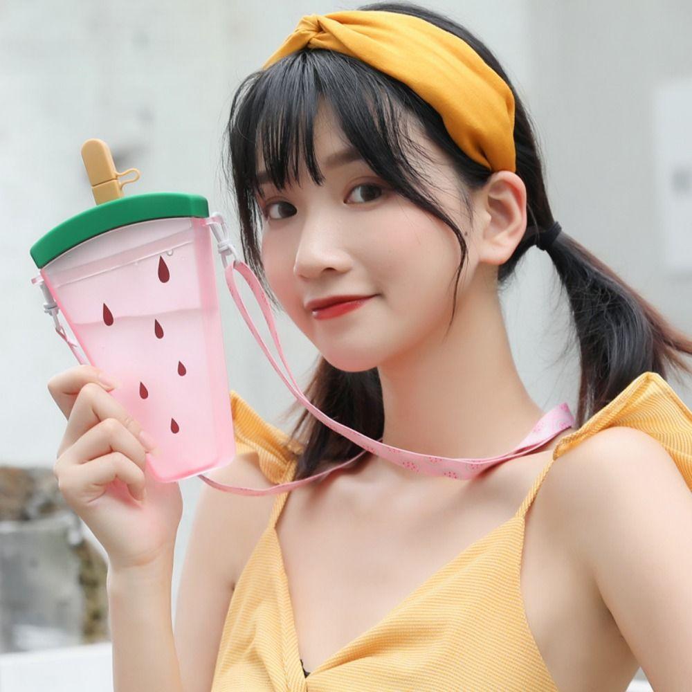 Practical Cartoon Popsicle Straw Cup Food Grade Leakproof Watermelon Water Bottle Anti-fall Plastic Water Cup Milk Tea