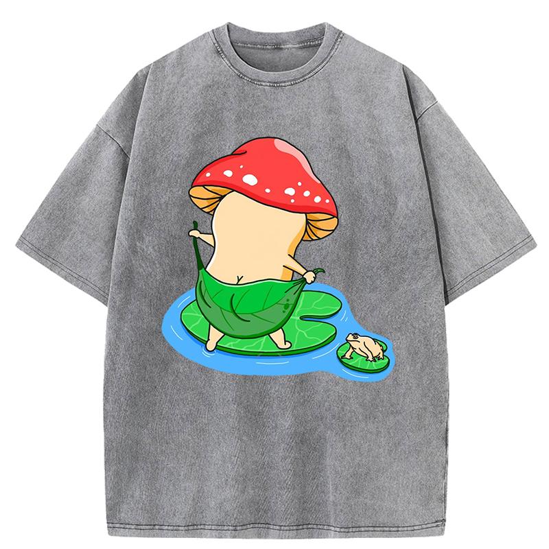 Bath Mushroom Cartoon Printing Women Washed T Shirt Cotton Oversized T-Shirt Casual  Top Summer Soft Streetwear