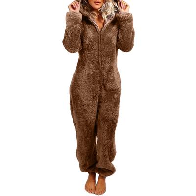 Damen Plüsch Strampler Herbst Winter Flanell Pyjama Langarm Reißverschluss Rollkragen Mütze Warmhalten Mädchenkleidung Nachtwäsche Homewear