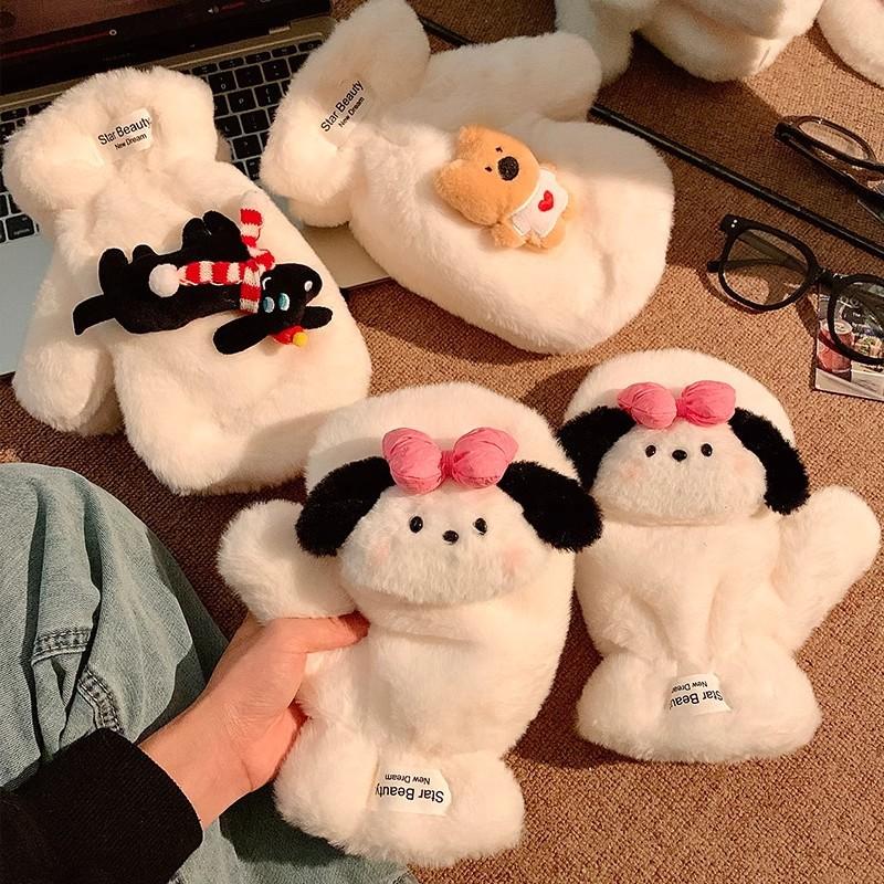 Cute bow puppy plush finger female cold proof plush thickened neck new