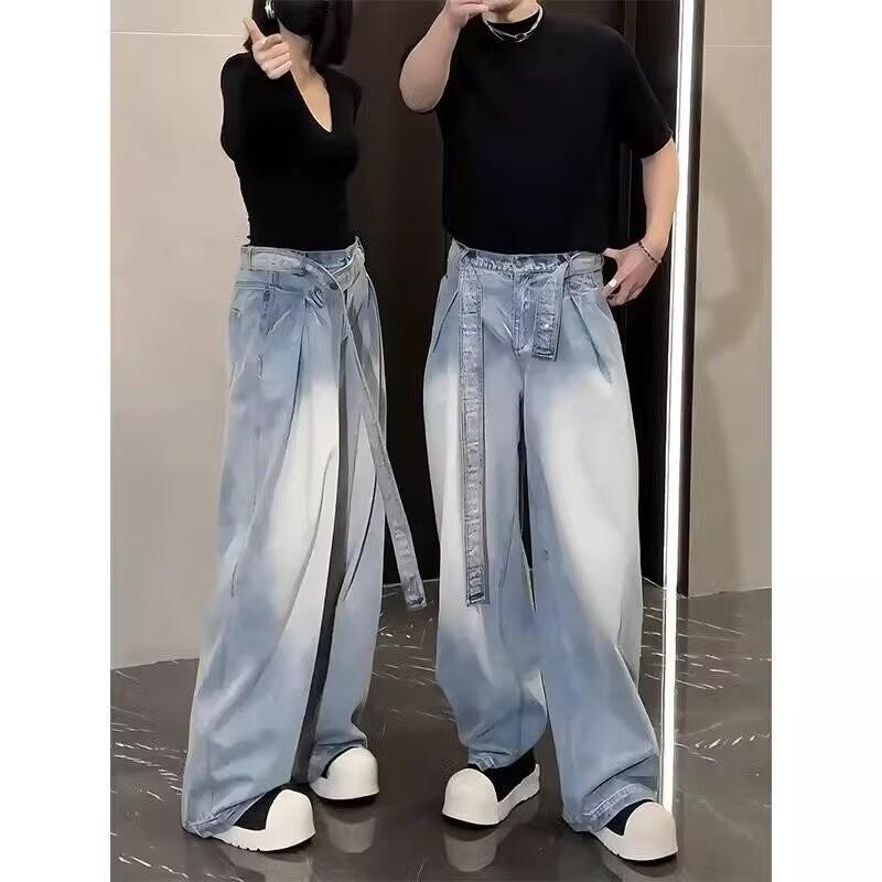 JYL Men's Flare Jeans Blue Belted Spring Premium American High-Street Loose Denim Pants