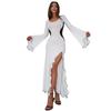 F24DS234 European & American Women's Color Block Lace Bell Sleeve High Slit Sexy Long Dress