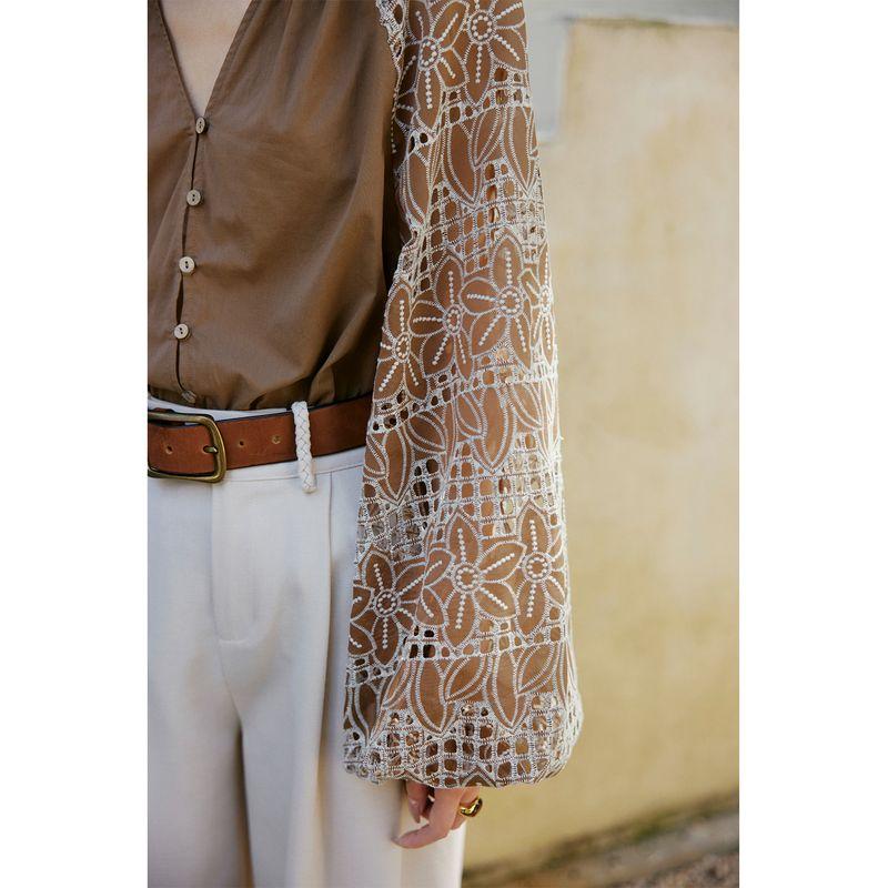 

Rosebanks Fabric Strange Chic 25 French Blogger Vacation Style Brown Embroidery Stitching Lantern Sleeve Shirt Brown S