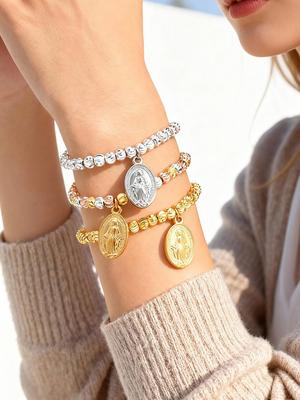 New Fashion Classic Gold Plated Virgin Mary Pendant Bracelets,Stainless Steel Watermelon Beads Rosary Bracelet for Women
