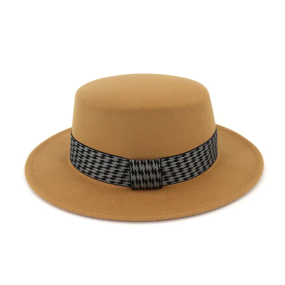 

Camel Fedora Hat for Women Fashion Design Boater Felt Hat and Cap Flat Top Houndstooth Pattern Vintage Female Hat Red Black верблюд
