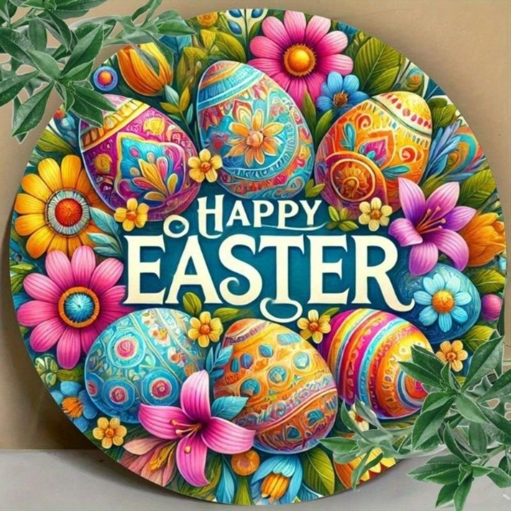 Metal Wall Art Decor, Easter Celebration 2D Round Tin Sign for Home