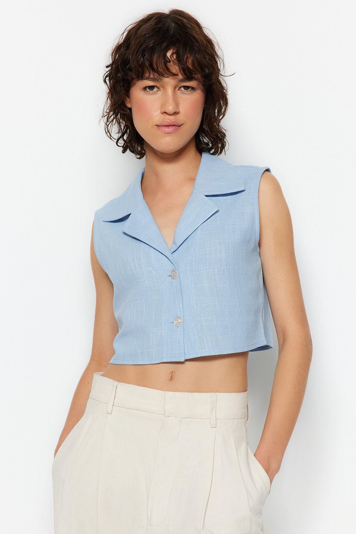 

Женская стильная рубашка Синяя укороченная тканая рубашка без рукавов XL