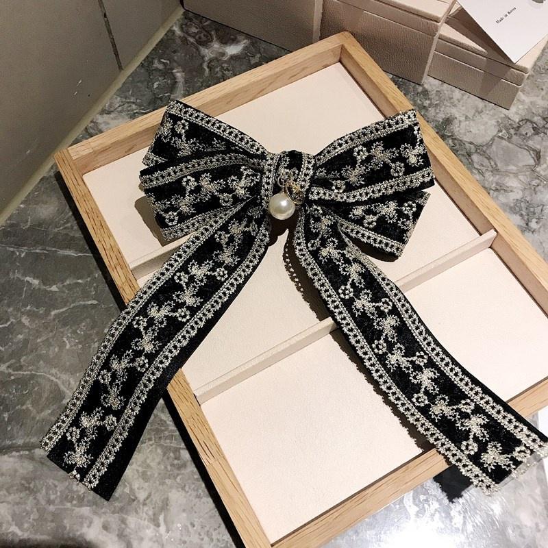 2 In 1 Women Vintage Big Bow Brooch Hairpin Lace Embroidery Necktie