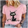 Women's Cotton 100% Little animal black cat T-shirt Loose round Neck Casual Short Sleeve Fashion Top  Clothing Summer