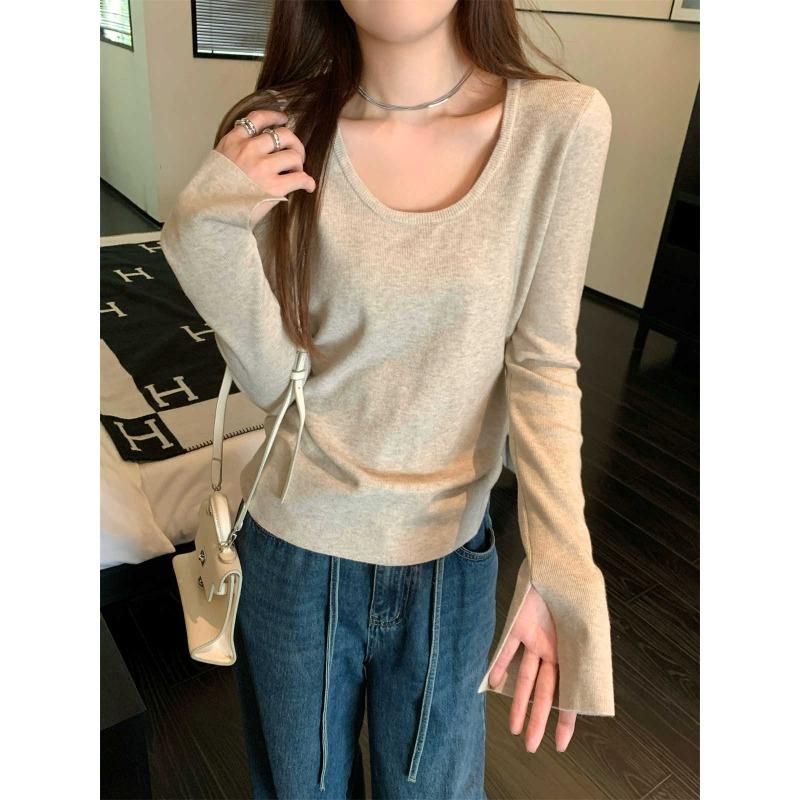 Grey Collar Leaking Collarbone Top Women's Spring Niche Horn Sleeve Inner Knitted Sweater Slim Primer Sweater