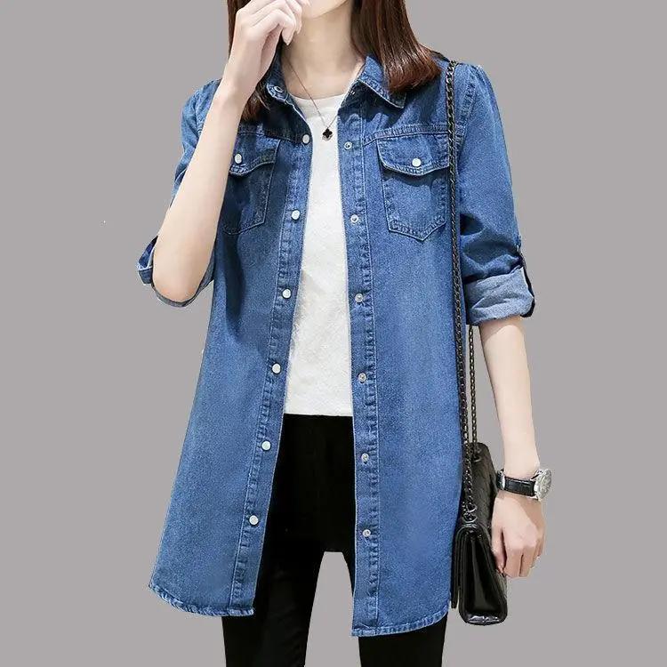 Women Plus Size Denim Jacket Long Jeans Jacket Coat Casual Frayed Female Basic Jackets