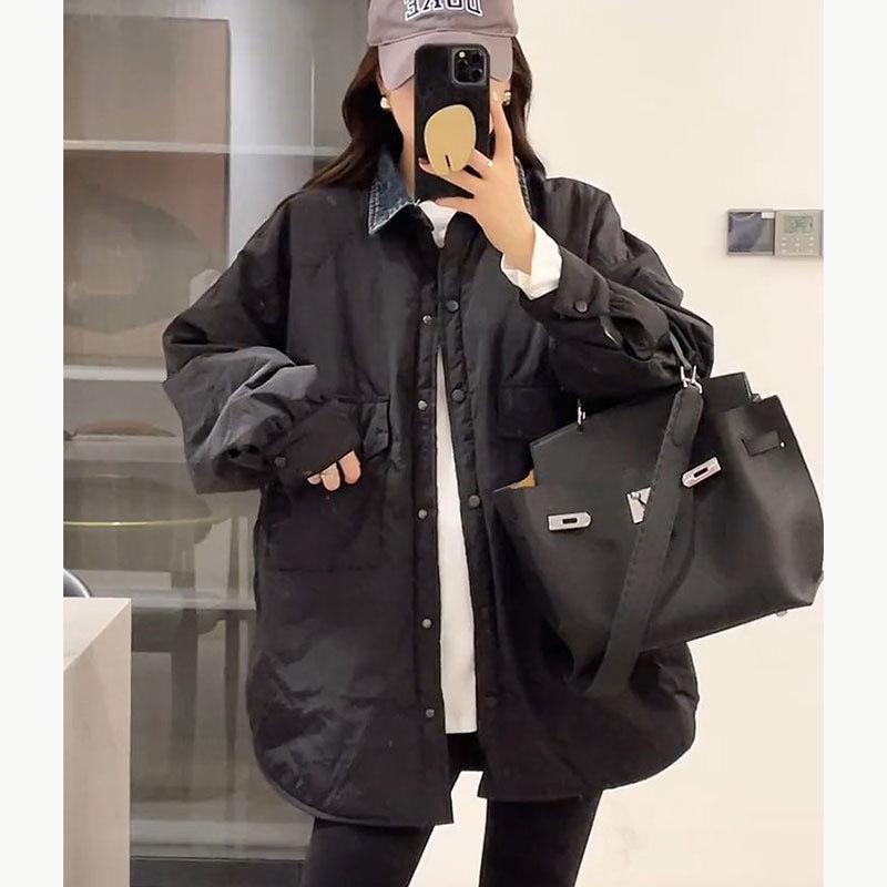 

Thin and light padded jacket women s 2025 autumn and winter new loose design splicing cotton-padded jacket shirt jacket M чёрный