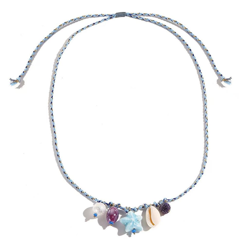 Fashion Ocean Resort Wind Color Rope Necklace Ceramic Color Starfish Shell Starfish Conch Full Diamond Ball Necklace