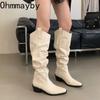 Retro Pointed Toe Pleated Women Western Cowboy Concise Thick Heels Female Slip on Long Booties De Muje