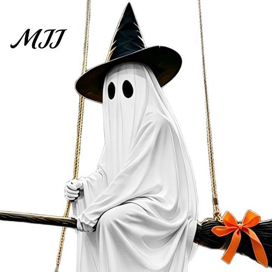 Outdoor Halloween Porch Decor Hanging Ghost Decoration with Witch Hat and Broom, Spooky Flying Wizard Ornament for Haunted House Tree Yard,