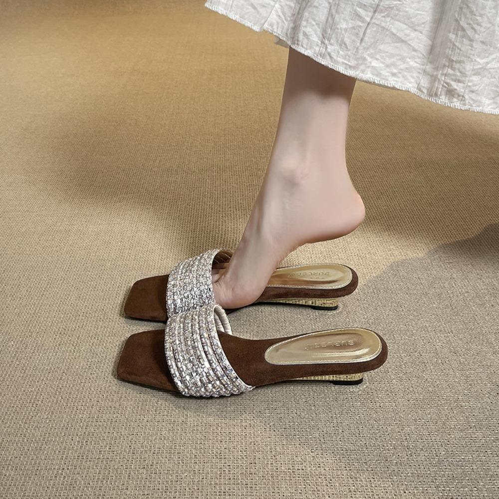 Fashion Slippers Woman Sandals French Temperament Exquisite Rhinestone Slippers Summer Wear Low Heel Slope Square Head Cool Slippers