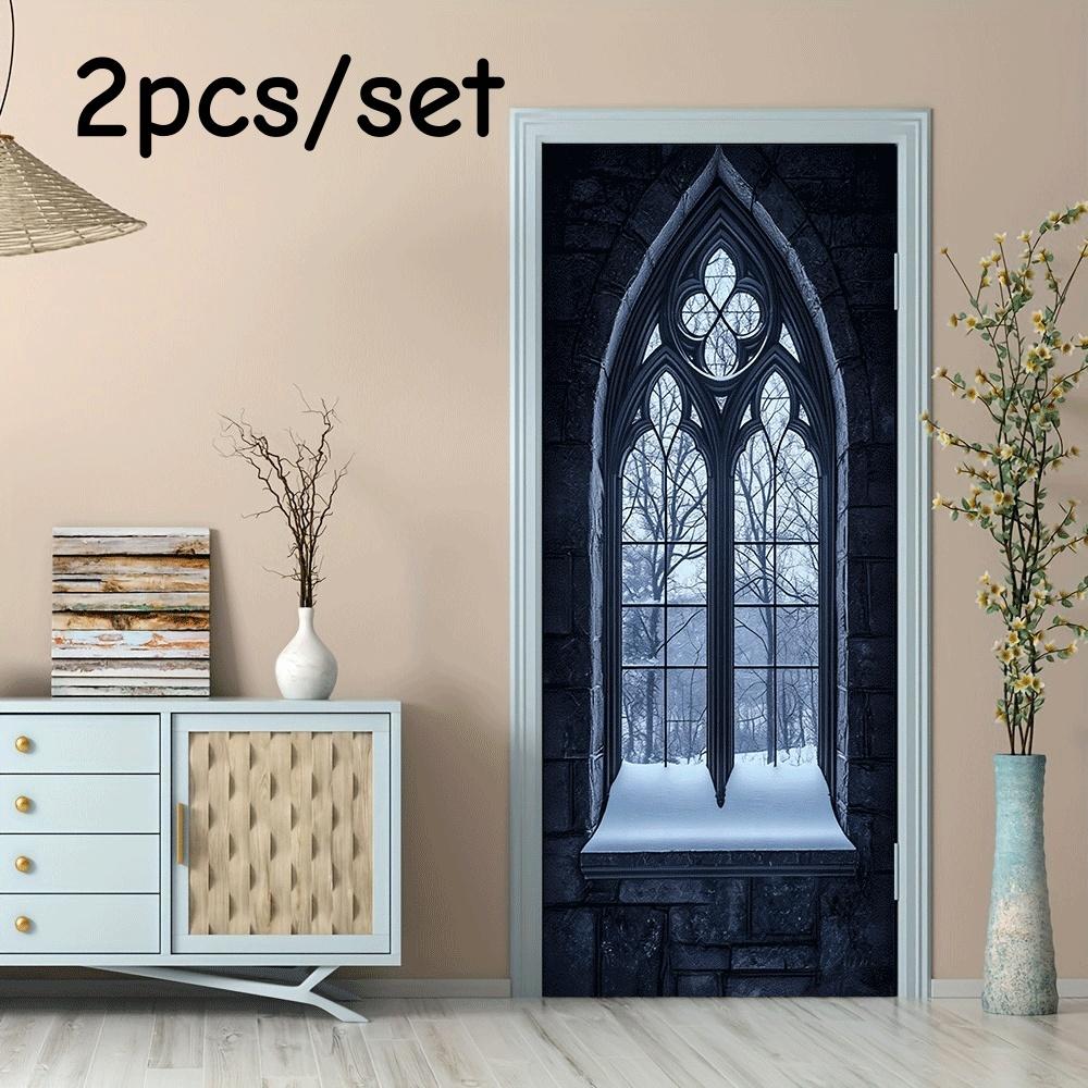 

2pcs Gothic church window decoration wall stickers, retro carved glass stickers, static adhesive free removable, winter snow sce (as the picture,38.5x200cmx2)