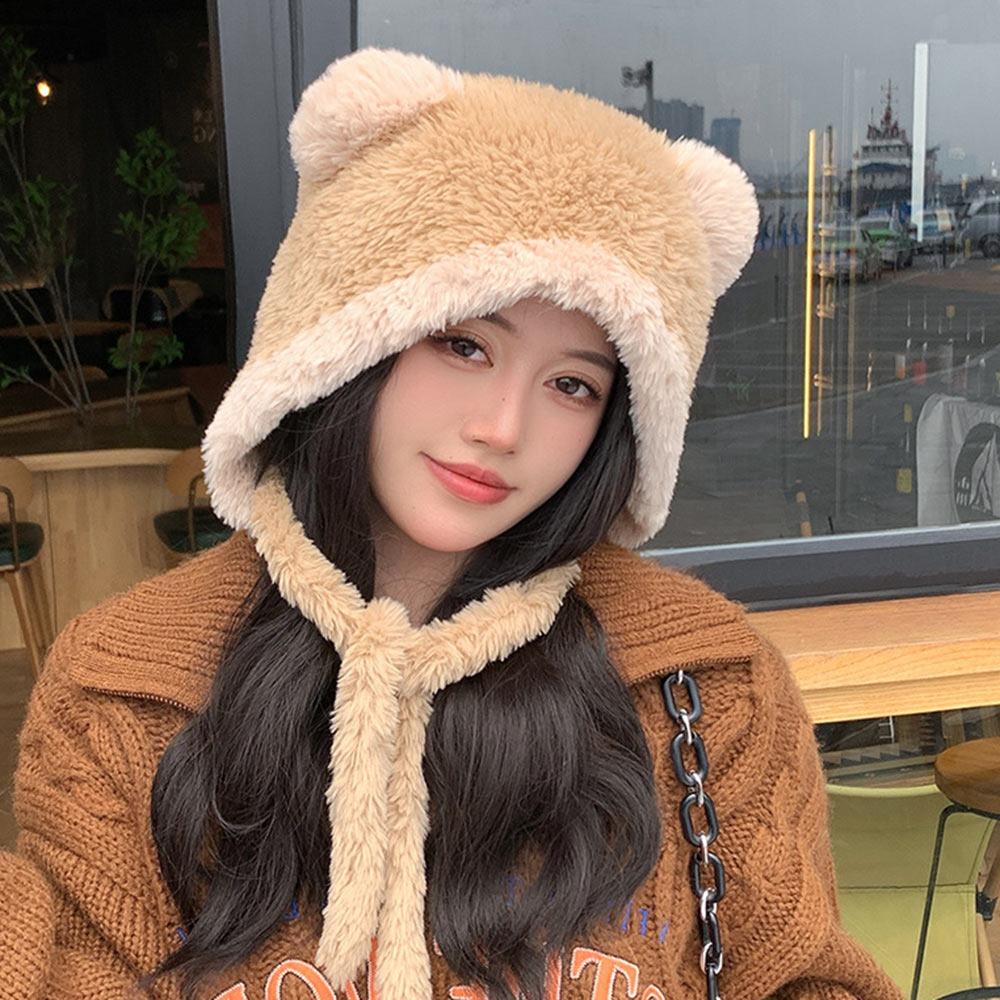 

Coldproof Beanies Cap Bear Ear Pompoms Hat Casual Knitted Plush Hat Outdoor Cycling