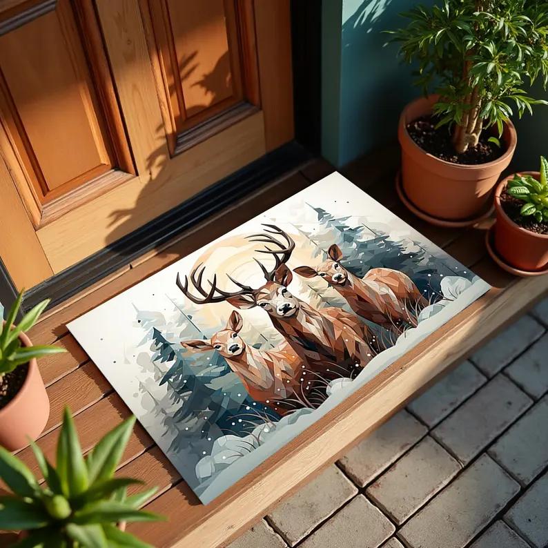 Hirsch Willkommen Musterdruck Fußmatte Niedliche Heimdeko Saugfähig Rutschfest Teppich Innen Außen Eingangsbereich Dekoration Fußmatte