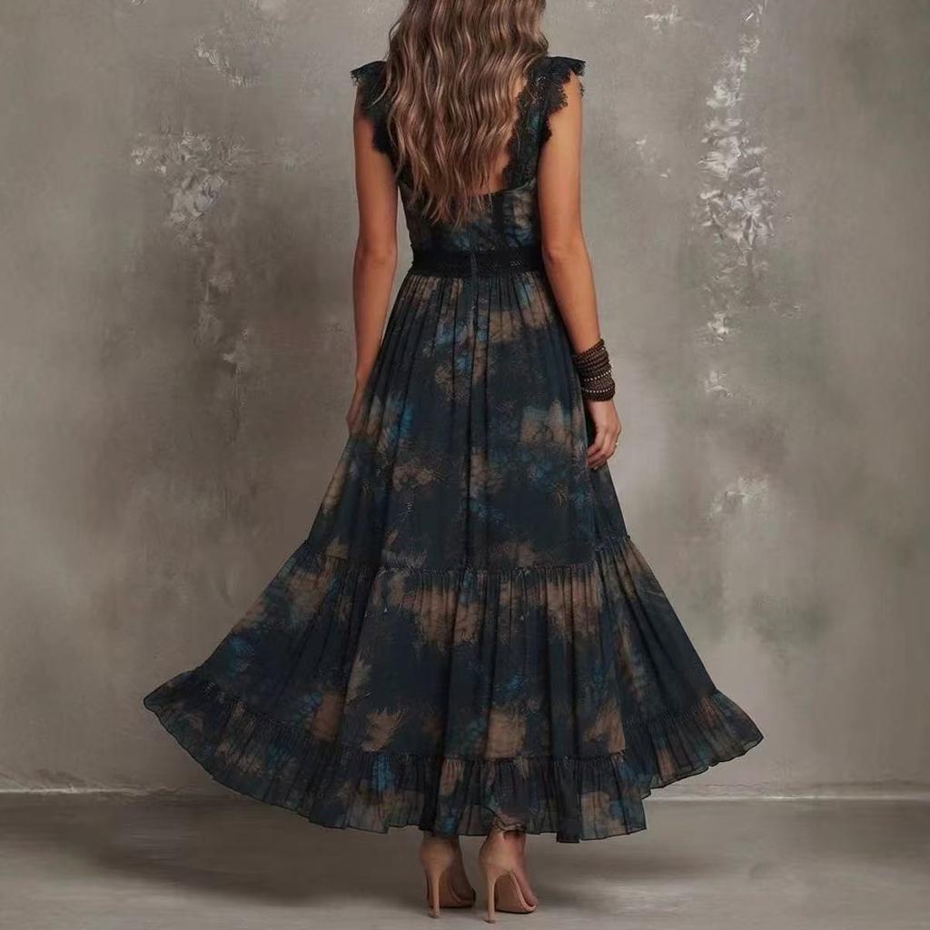 2026 European and American sleeveless digital printing V-neck elegant irregular long dress three-dimensional flower dress