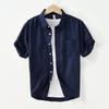 L990 Men's Minimalist Cotton Linen Square Neck Short Sleeve Shirt, Solid Color