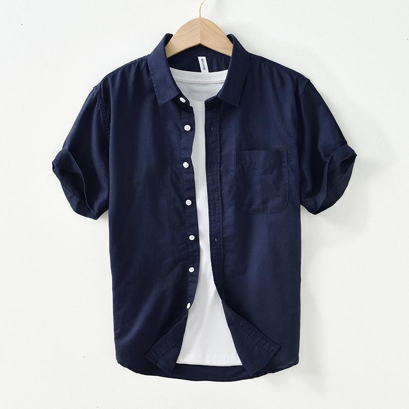 L990 Men's Minimalist Cotton Linen Square Neck Short Sleeve Shirt, Solid Color