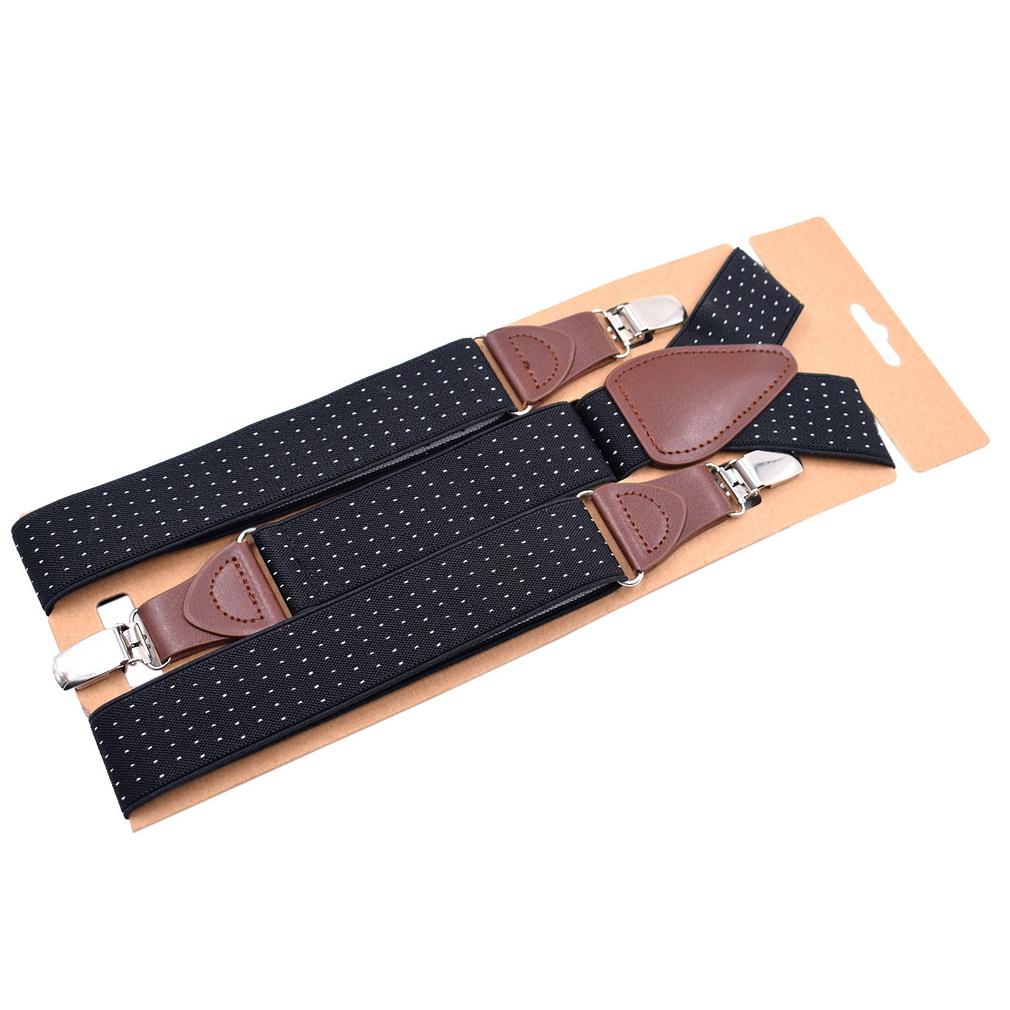 Men Elastic Y-Back Suspenders Stripe Dots Pattern 3 Clips Heavy Duty Trouser Braces