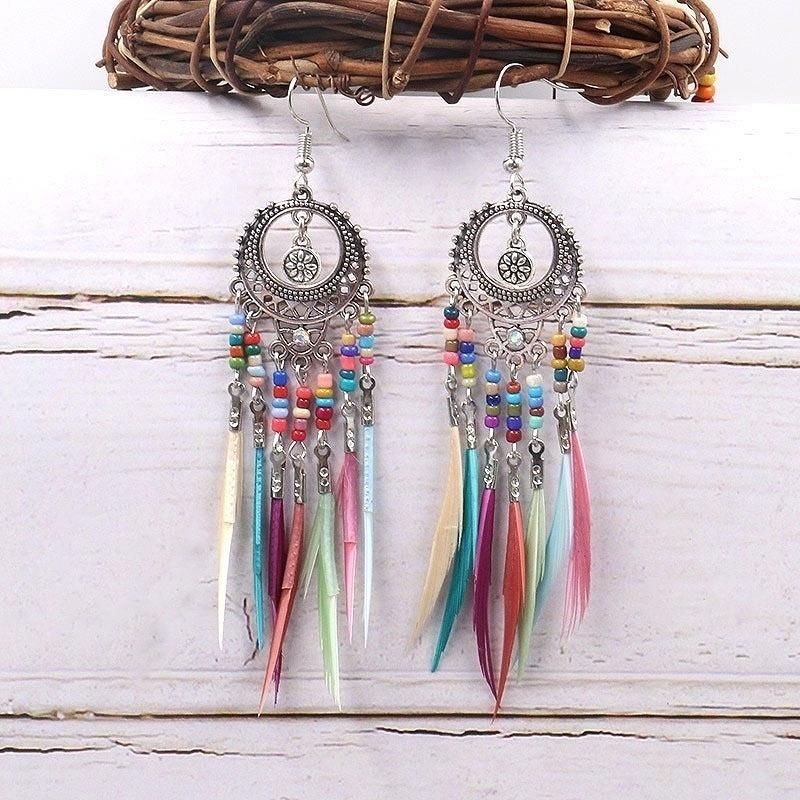 Bohemian Feather Earrings 2024 Ethnic Vintage Rainbow Colorful Beads Feather Tassle Earrings For Women Hawaiian Jewelry