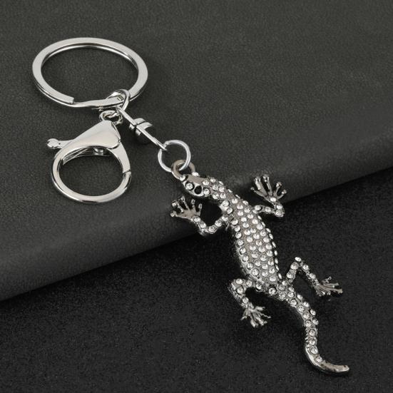 Keychain Pendant Sparkling Rhinestones Gecko Shape Zinc Alloy Key Holder with Electroplated Lobster Clasp Backpack Accessory