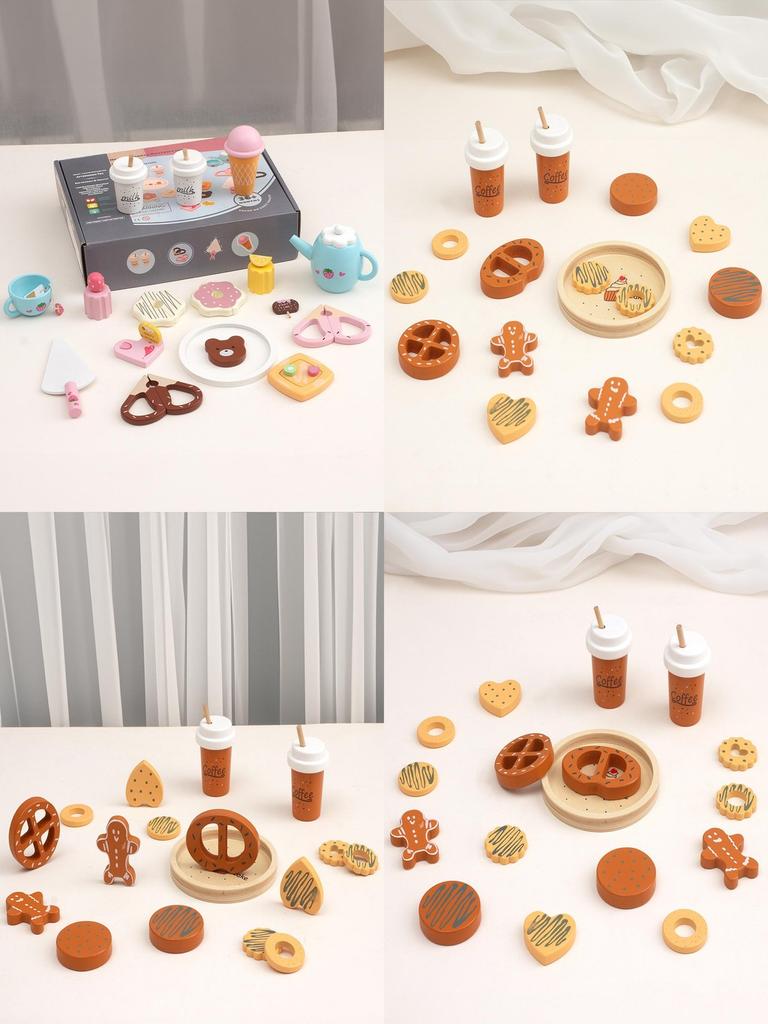 Funny Wooden Simulation Afternoon Tea And Cookie Coffee Children Toy Set For Interactive Learning