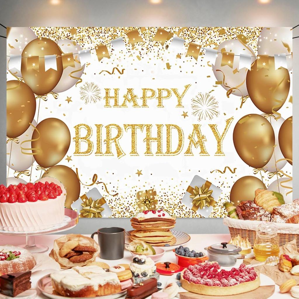 Gold Birthday Party Decoration Gold Happy Birthday Backdrop Gold Photo Background Banner Poster for Gold Party Decorations Party Supplies 70.8 X 47.2
