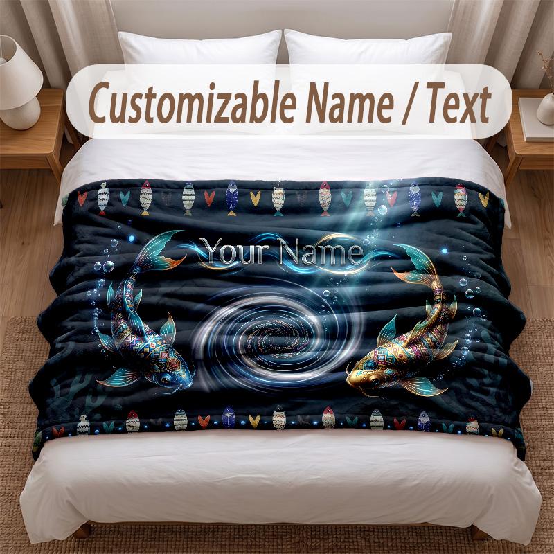 Fish Ocean Theme Soft Blanket Personalized Custom Name Text Print Warm Blanket Home Sofa Bedroom Decor