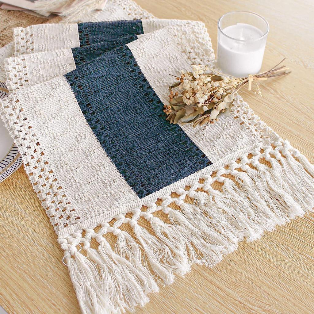 Nordic Light Luxury Cotton Linen Color Block Tassel Table Runner