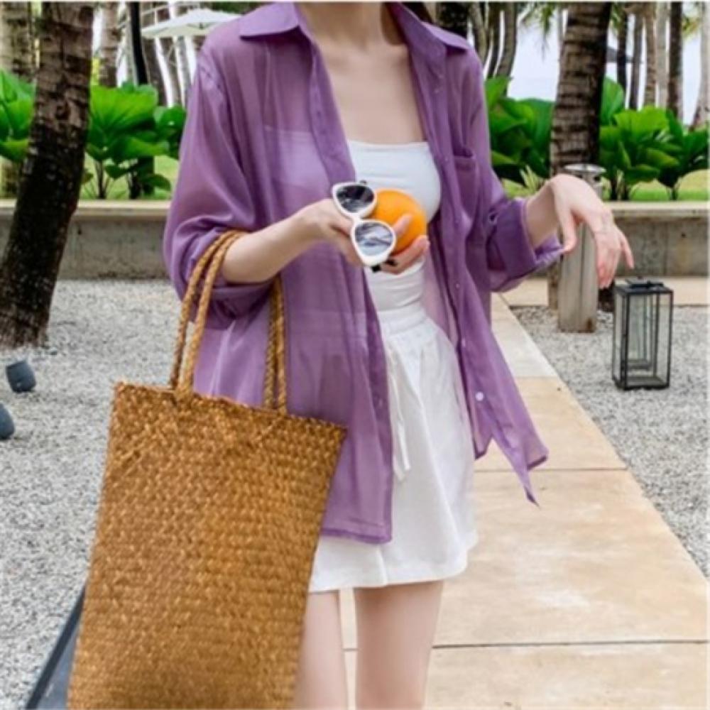 New Arrivals Open Run Women Sheer Loose Fit Purple Shirt