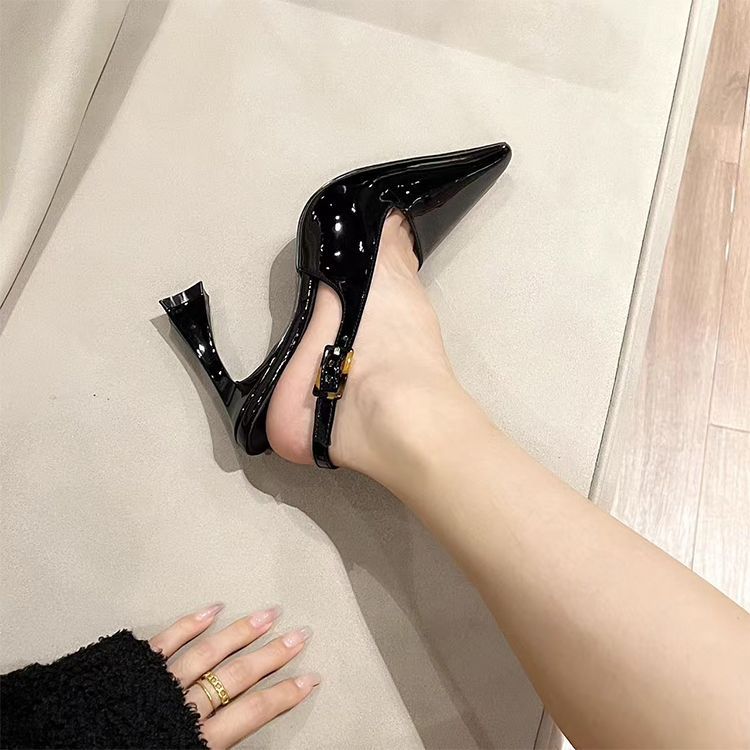 Black patent leather pointed single shoes high heels women's sexy temperament outer wear bag head sandals women's spring 2025 new models