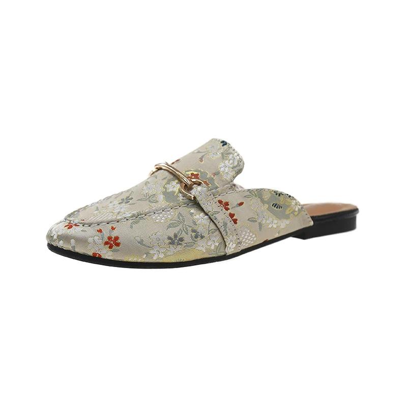 Women's Mules Flat Sole Round Toe Metal Decoration Cover Toe Women Shoes Dress Daily Commute Retro Mature Zapatillas De Mujer