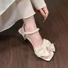 Summer Bow Open Toe Fashion Versatile Pearl One Strap Square Heel Shoes Women's Square Toe Non-Slip Sandals