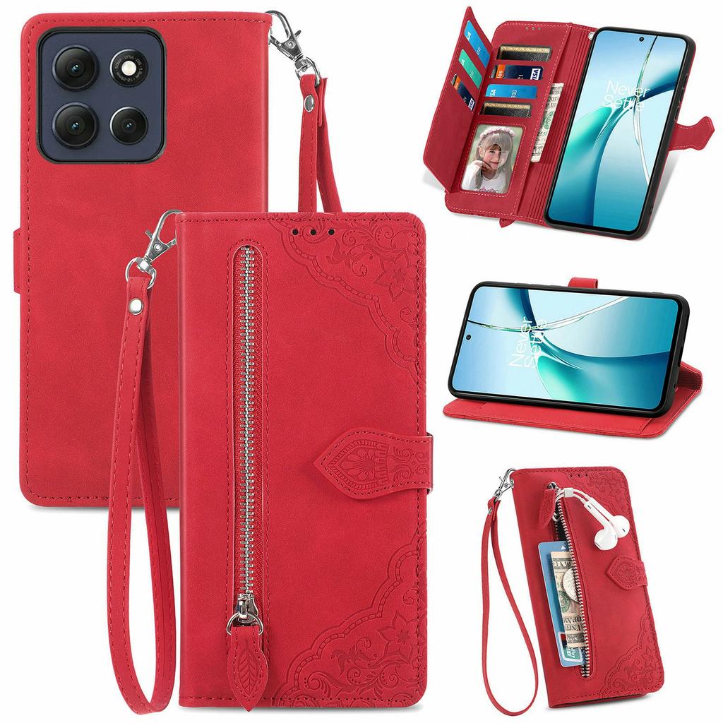 For Motorola Moto G86 Power 5G Zipper Wallet Case with Strap Flower Imprint PU Leather Phone Cover