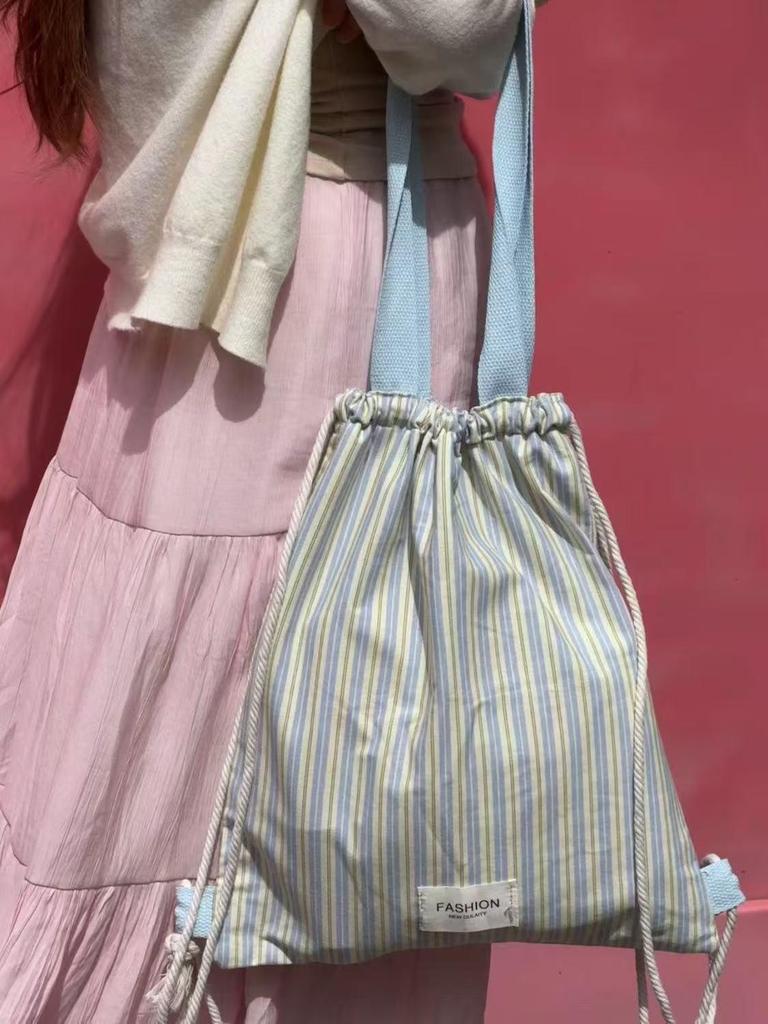Striped Canvas Drawstring Backpack - 2025 Casual Commuter with Large Capacity & Single Shoulder Strap