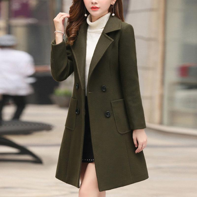 Podzim Zima Dámské Dlouhé Vlněné Kabáty Dvouřadé Dámské Jednobarevné Slim Fit Vrchní Oblečení Klopa Límec Streetwear