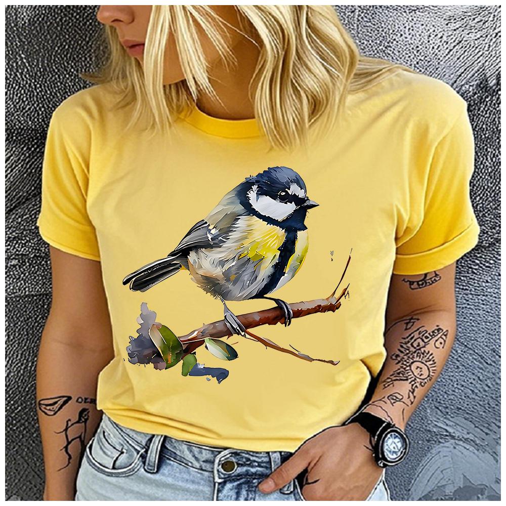 Unisex Polyester 100% Watercolor Hand-Painted Blue Jay Print T-Shirt Loose round Neck Casual Short Sleeve Fashion Top for Summer